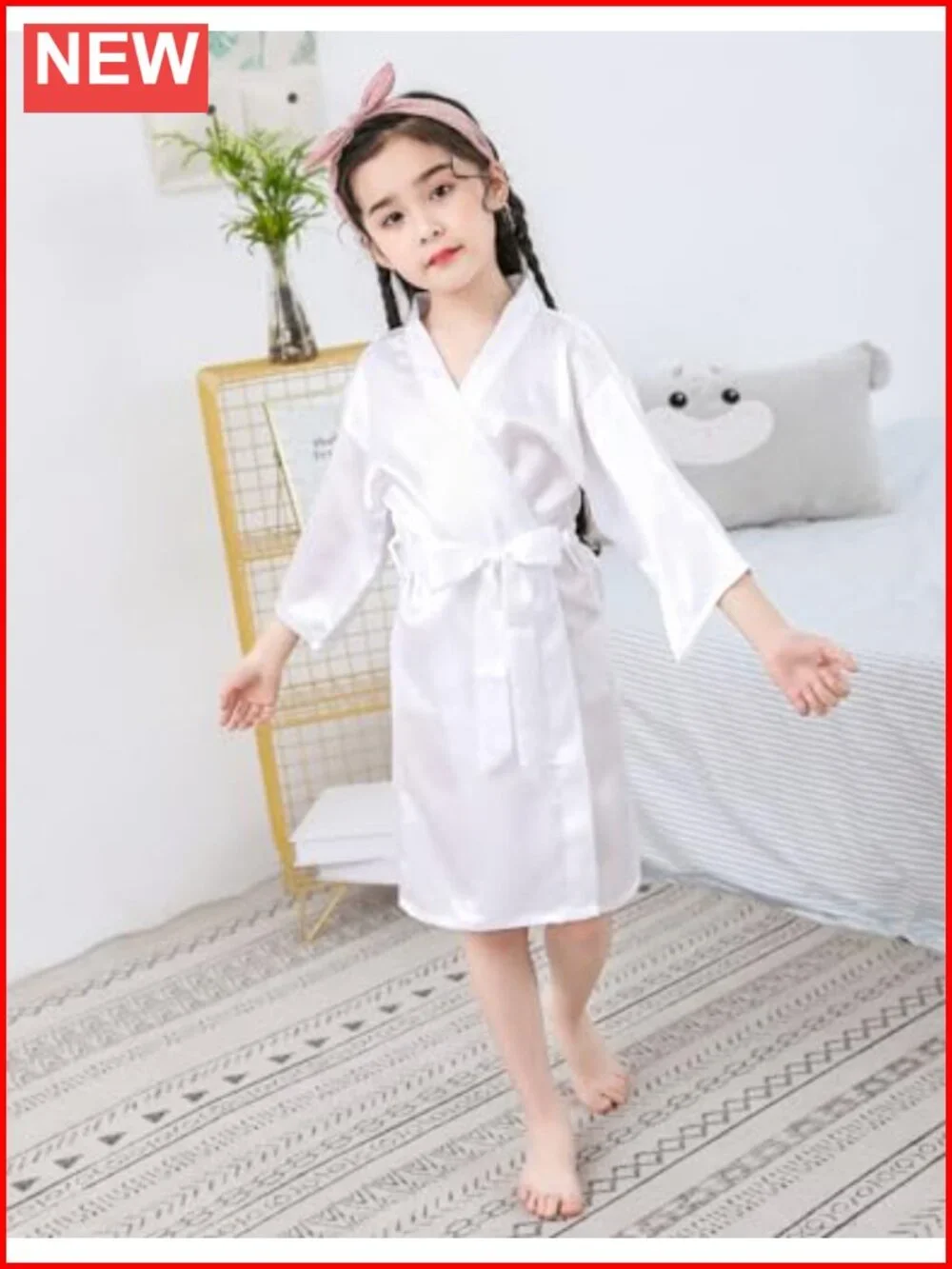 Girls Satin Flower Girl Robe Gold Glitters Wedding Kimono Robe